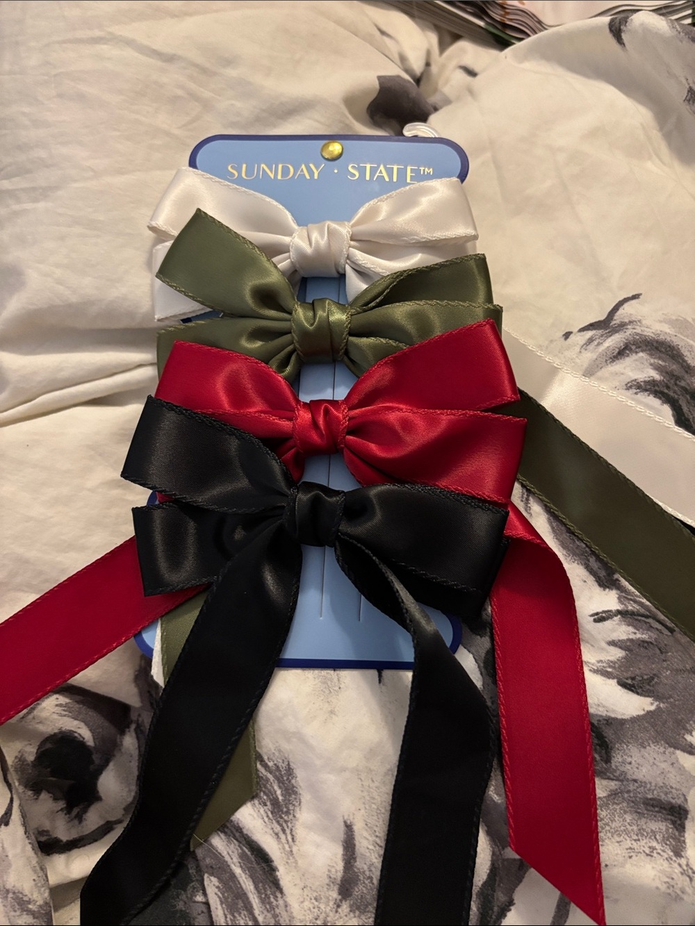 Sunday State Satin Bow Hair Clips in White, Olive, Red, and Black